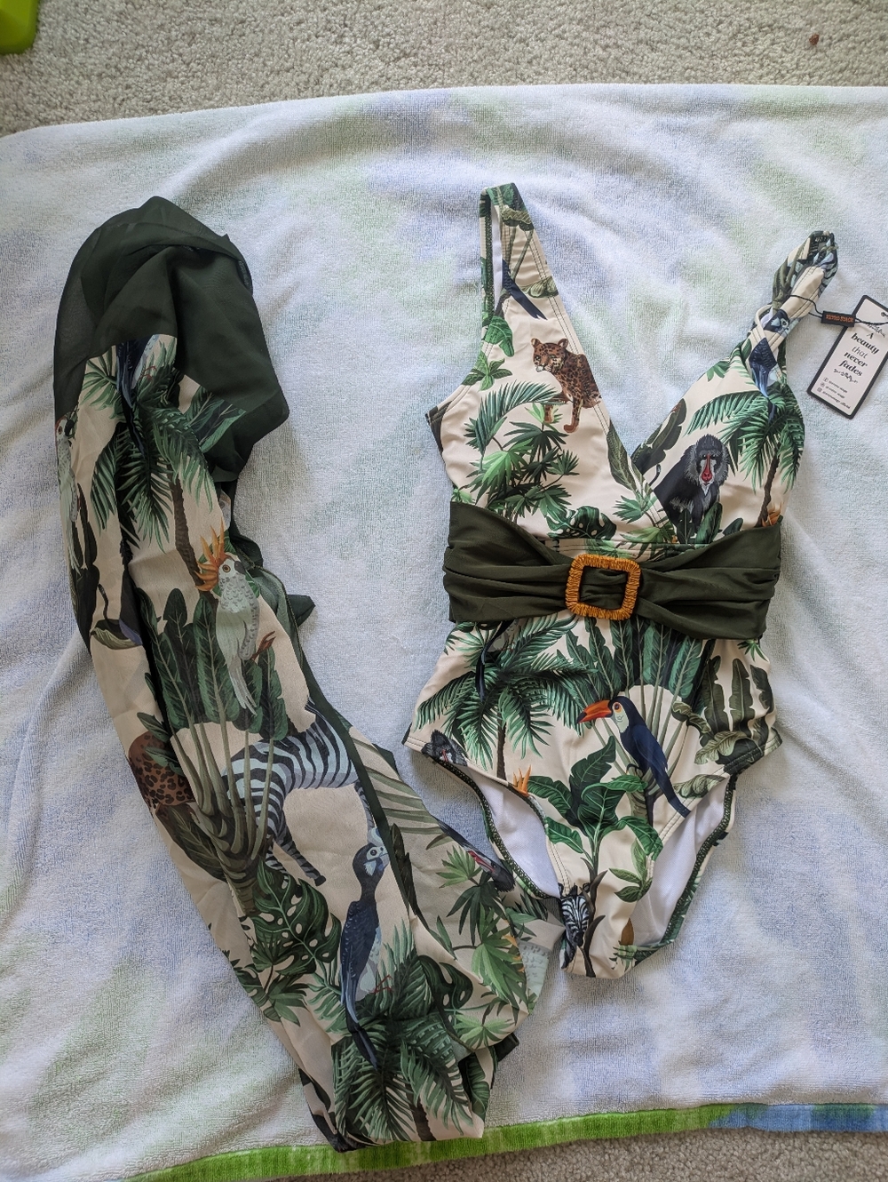 NWT Tropical Jungle Print One-Piece Swimsuit with Cover-Up